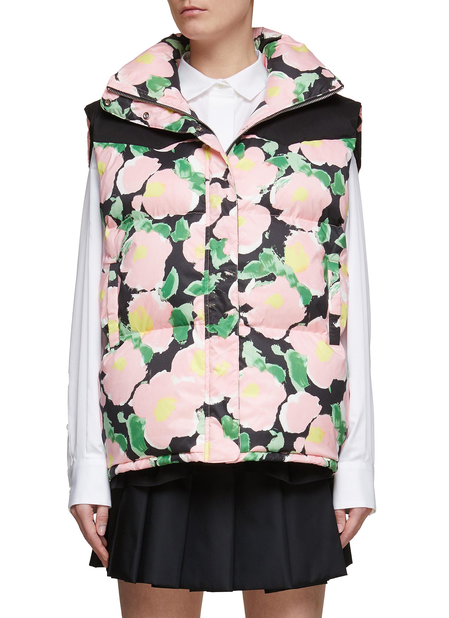 MING MA Floral Print Zip Up Puffer Vest