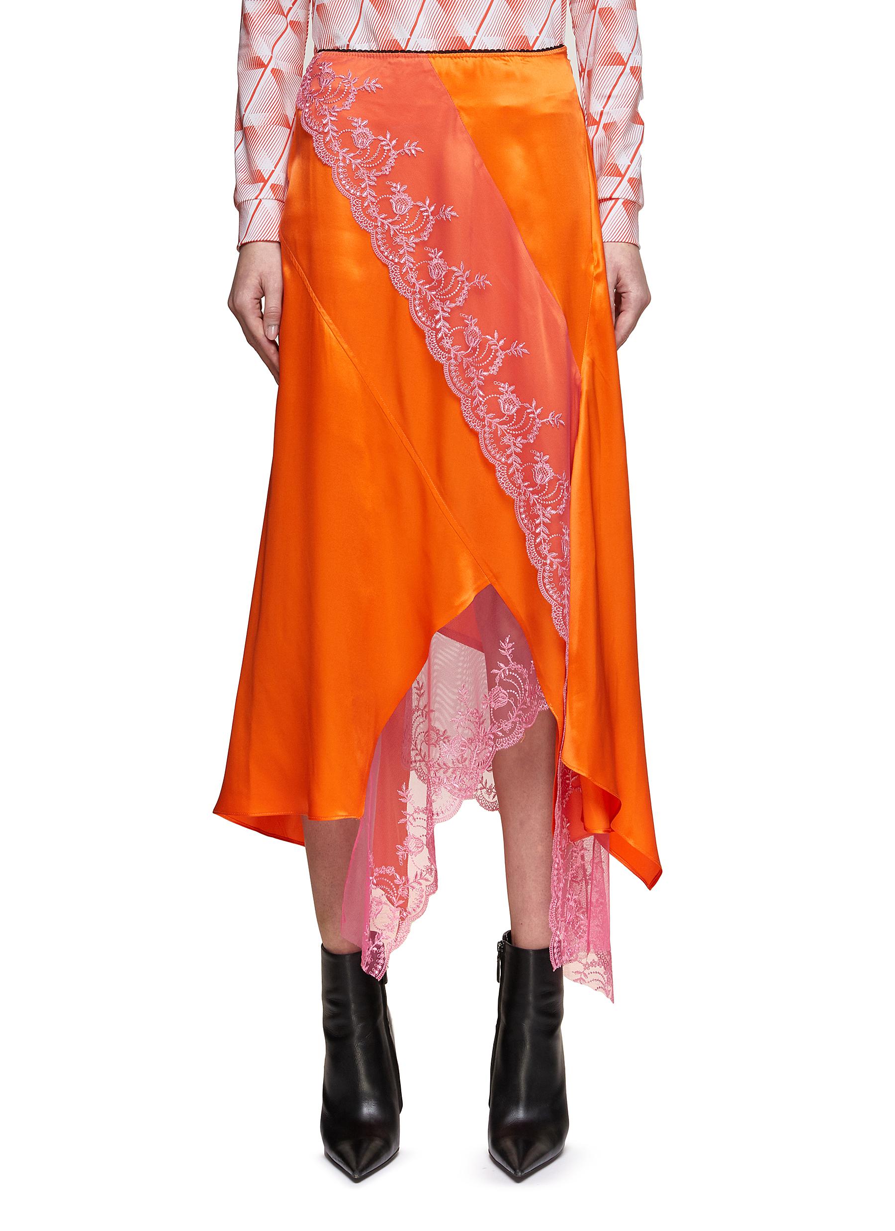 Meryll Rogge Asymmetric Hem Lace Detail Silk Charmeuse Slip Skirt 