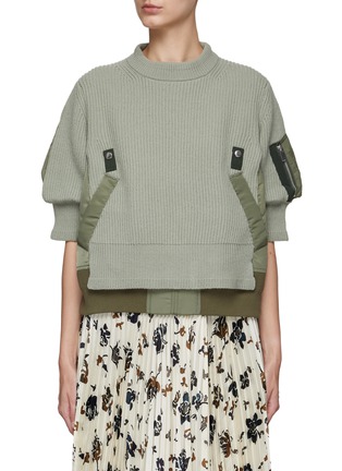 Main View - Click To Enlarge - SACAI - POCKET DETAIL NYLON TWILL PANEL KNIT SWEATER