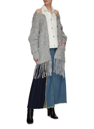 Figure View - Click To Enlarge - THE KEIJI - DETACHABLE DENIM PANEL FRINGE KNIT COAT