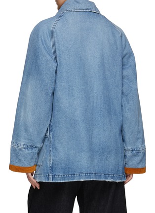 Back View - Click To Enlarge - MADE IN TOMBOY - DENIM PANEL DETAIL FLANNEL PLAID LONG COAT