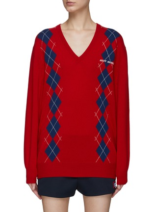 Main View - Click To Enlarge - MIU MIU - Chest Logo Argyle Cashmere Knit V-Neck Sweater