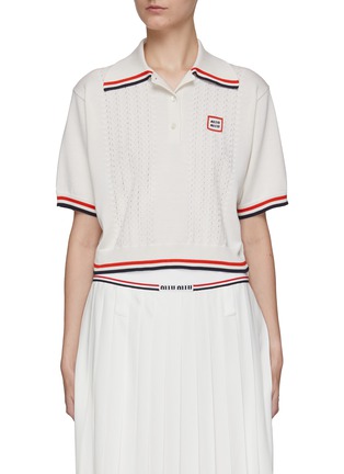 Main View - Click To Enlarge - MIU MIU - Tricoloured Trim Cropped Silk Blend Knit Tennis Polo Shirt