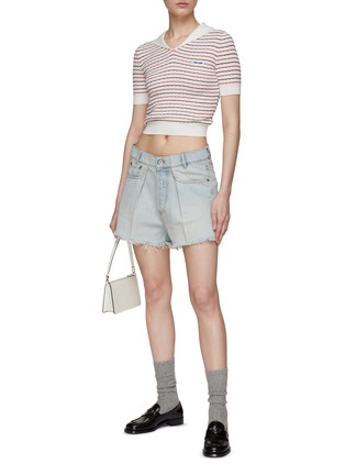 Figure View - Click To Enlarge - MIU MIU - Sailor Collar Striped Ribbed Cotton Knit Fitted Top
