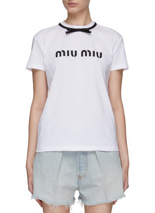 Main View - Click To Enlarge - MIU MIU - Bow Detailing Logo Cotton Cropped T-Shirt