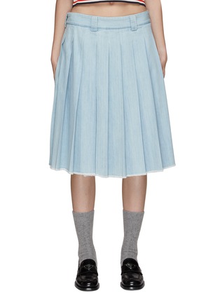 Main View - Click To Enlarge - MIU MIU - Pleated Raw Hem Light Washed Denim Midi Skirt