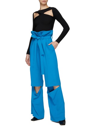 Figure View - Click To Enlarge - A.W.A.K.E. MODE - Belted Paper Bag Waist Slit Wide Leg Pants