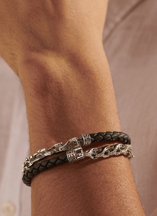 Detail View - Click To Enlarge - JOHN HARDY - ‘Classic Chain’ Asli Woven Leather Silver Chain Link Double Strap Bracelet