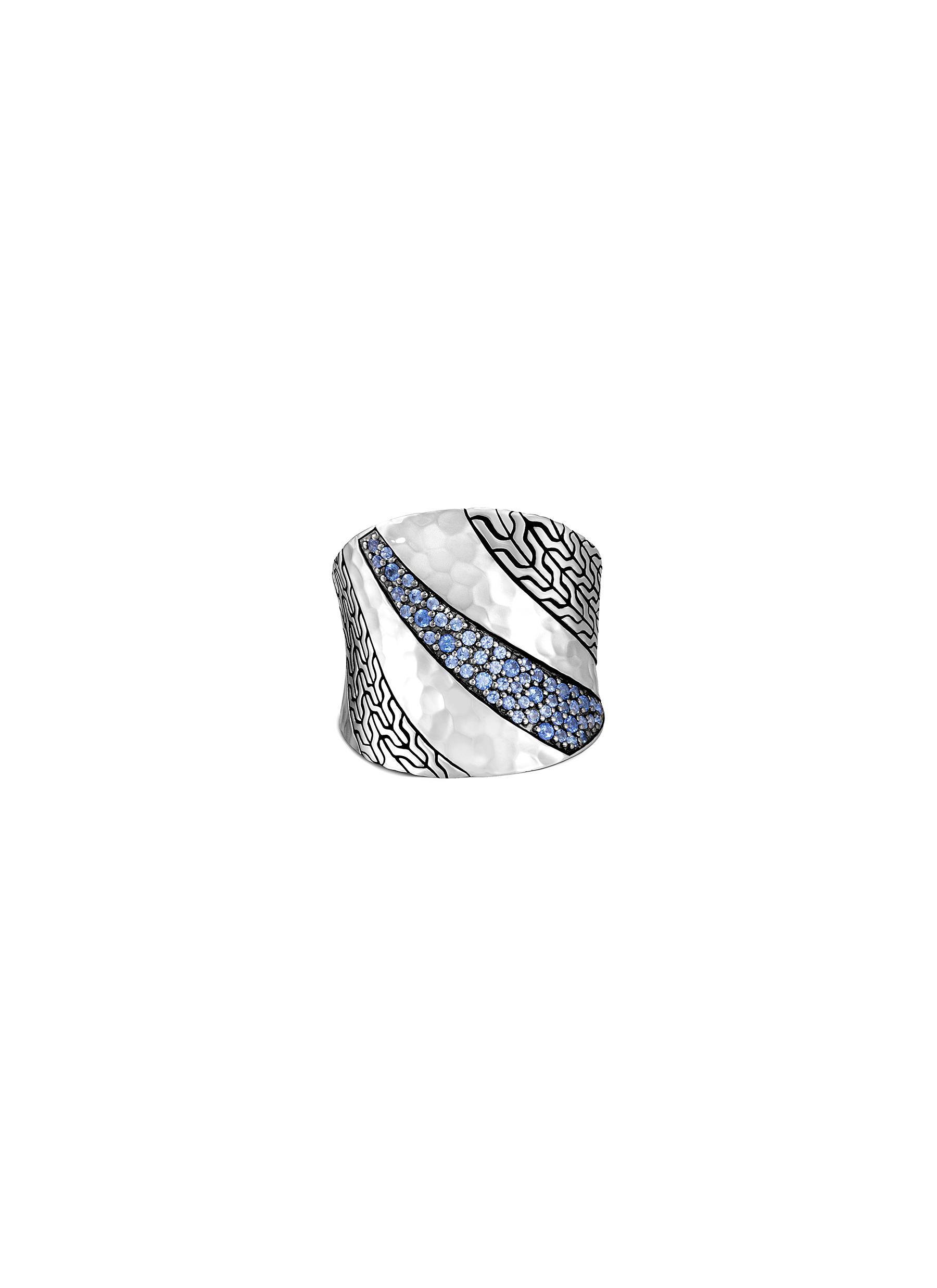 JOHN HARDY ‘CLASSIC CHAIN' SAPPHIRE HAMMERED SILVER SADDLE RING