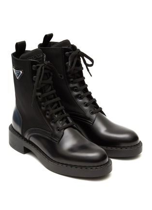 Detail View - Click To Enlarge - PRADA - ‘CHOCOLATE’ SPAZZOLATO LEATHER NYLON COMBAT BOOTS