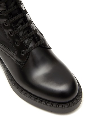 Detail View - Click To Enlarge - PRADA - ‘CHOCOLATE’ SPAZZOLATO LEATHER NYLON COMBAT BOOTS