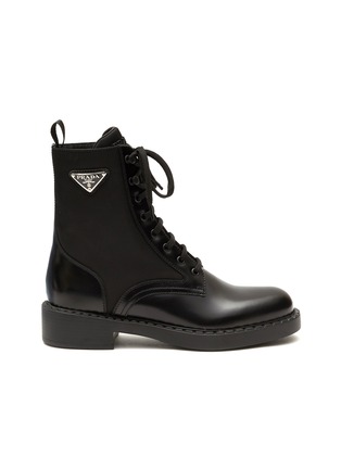 Main View - Click To Enlarge - PRADA - ‘CHOCOLATE’ SPAZZOLATO LEATHER NYLON COMBAT BOOTS