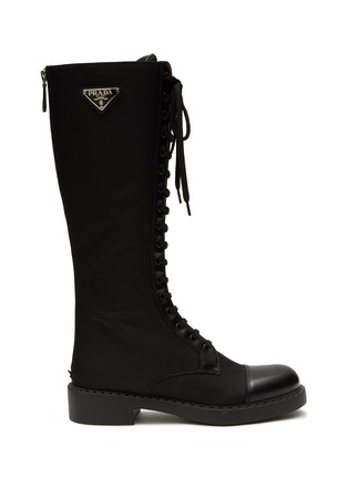 Main View - Click To Enlarge - PRADA - ‘CHOCOLATE’ SPAZZOLATO LEATHER NYLON TALL COMBAT BOOTS