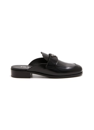 Main View - Click To Enlarge - PRADA - Logo Plaque Leather Moccasin Mules
