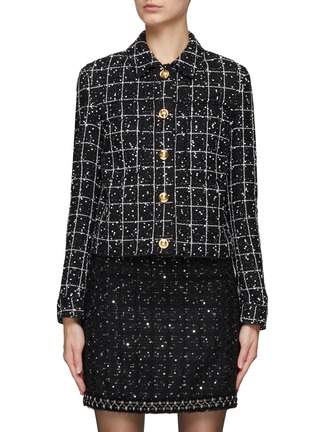 Main View - Click To Enlarge - GIAMBATTISTA VALLI - SINGLE BREASTED GOLD TONED BUTTON EMBELLISHED TWEED JACKET