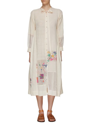 Main View - Click To Enlarge - INJIRI - LONG SLEEVE TIE NECK COTTON MIDI SHIRT DRESS