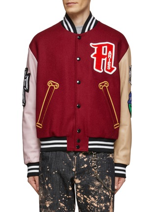 Main View - Click To Enlarge - ARIES - GRAPHIC PATCH EMBELLISHED LEATHER SLEEVE VARSITY JACKET