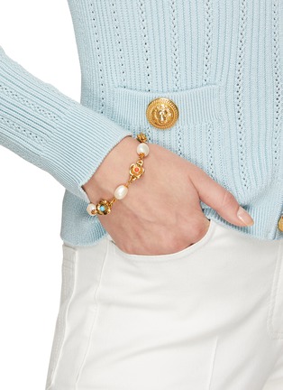 Figure View - Click To Enlarge - KENNETH JAY LANE - Pearl Multi-Coloured Cabochon Floral Charm Gold Bracelet