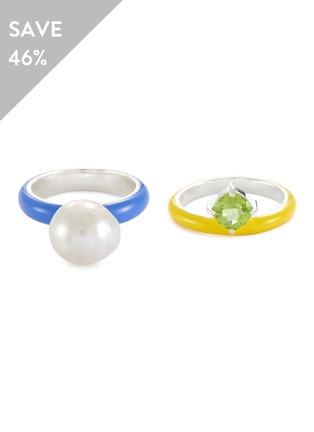 Main View - Click To Enlarge - LANE CRAWFORD - frypowers Matchy Matchy Set<br>Baroque Pearl Blue Enamel Sterling Silver Ring & 'Unicorn Rainbow' Peridot Yellow Enamel Sterling Silver Ring