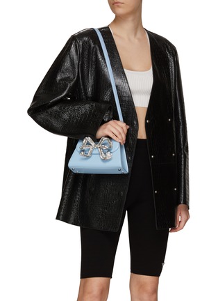Front View - Click To Enlarge - SELF-PORTRAIT - ‘BOW’ CRYSTAL EMBELLISHED LEATHER MINI CROSSBODY BAG