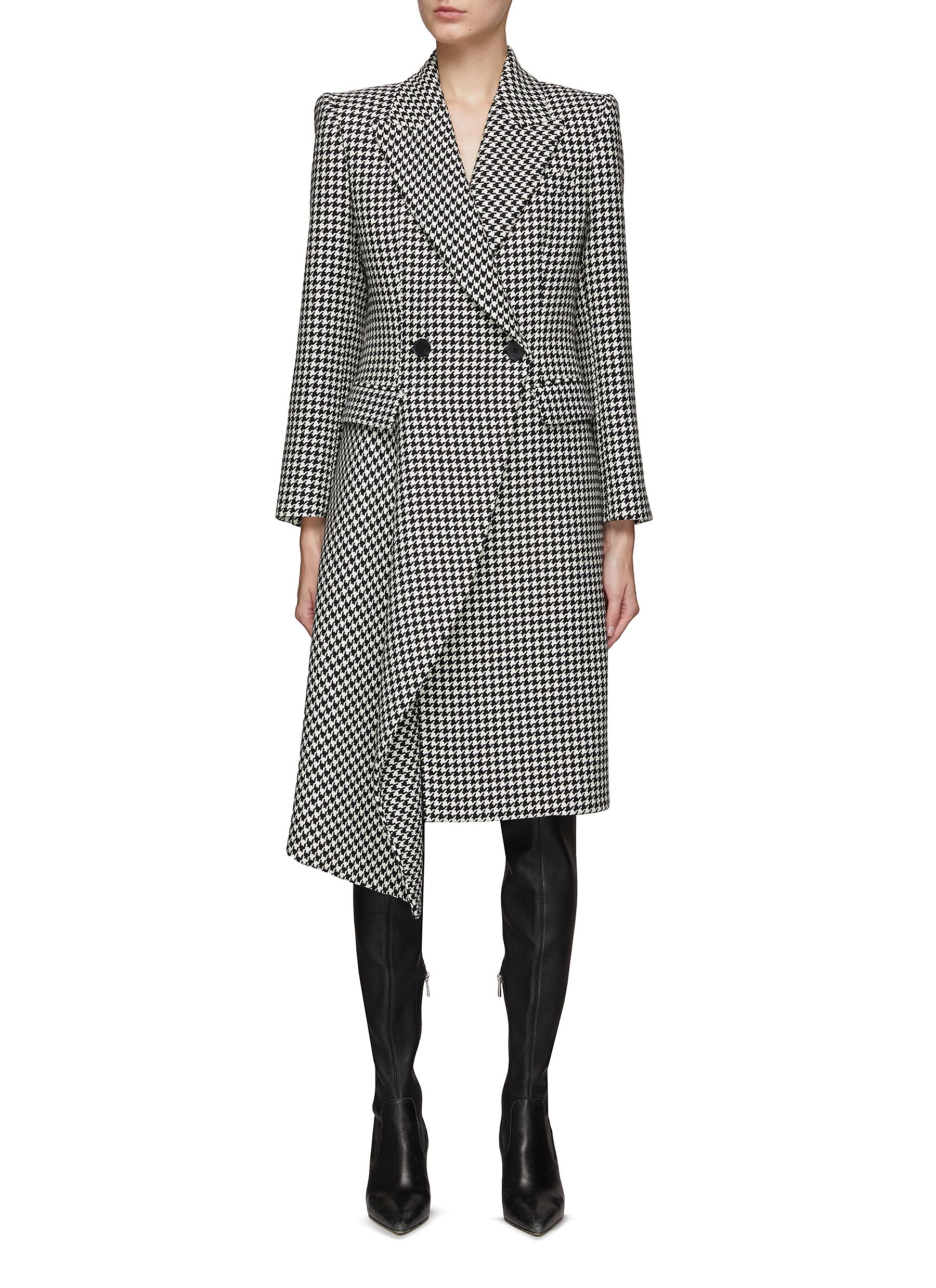 ASYMMETRIC PANEL LONG SLEEVE FITTED DOUBLE BREASTED HOUNDSTOOTH COAT