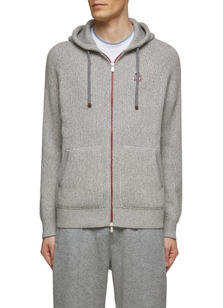 Main View - Click To Enlarge - BRUNELLO CUCINELLI - Contrasting Zipper Ribbed Cashmere Knit Drawstring Hoodie