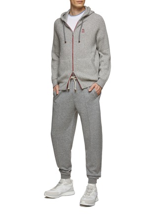 Figure View - Click To Enlarge - BRUNELLO CUCINELLI - Contrasting Zipper Ribbed Cashmere Knit Drawstring Hoodie