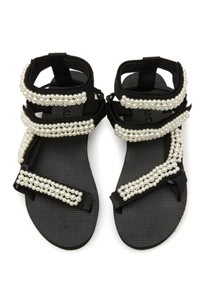 Detail View - Click To Enlarge - ARIZONA LOVE - ‘TREKKY PEARL’ STIPLE STRAP VELCRO PEARL EMBELLISHMENT SANDALS