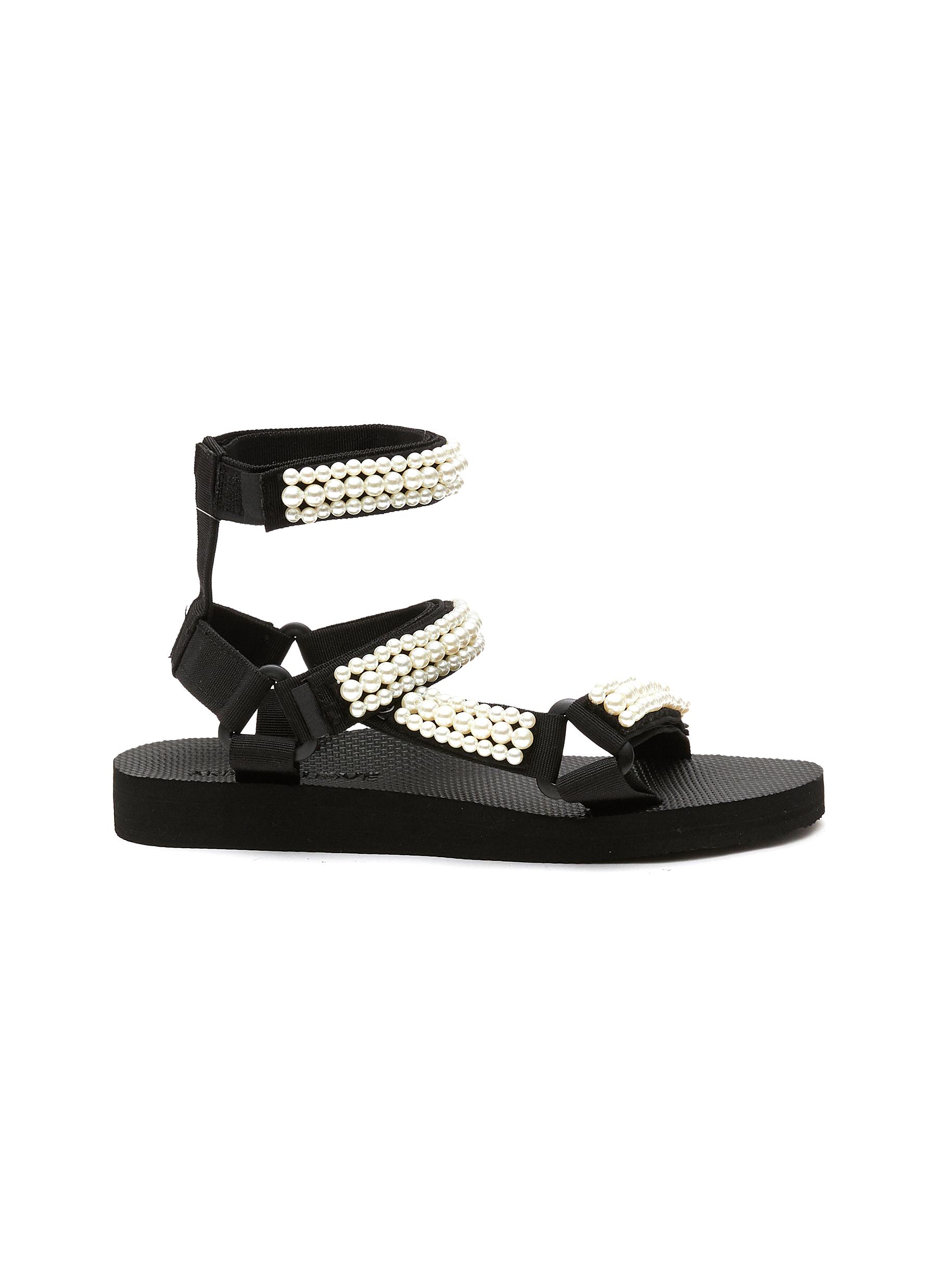 ‘TREKKY PEARL' STIPLE STRAP VELCRO PEARL EMBELLISHMENT SANDALS