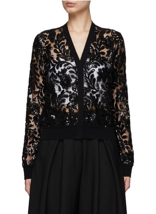 Main View - Click To Enlarge - GIAMBATTISTA VALLI - FLORAL EMBROIDERED SEQUIN SHEER PANEL V-NECK CARDIGAN