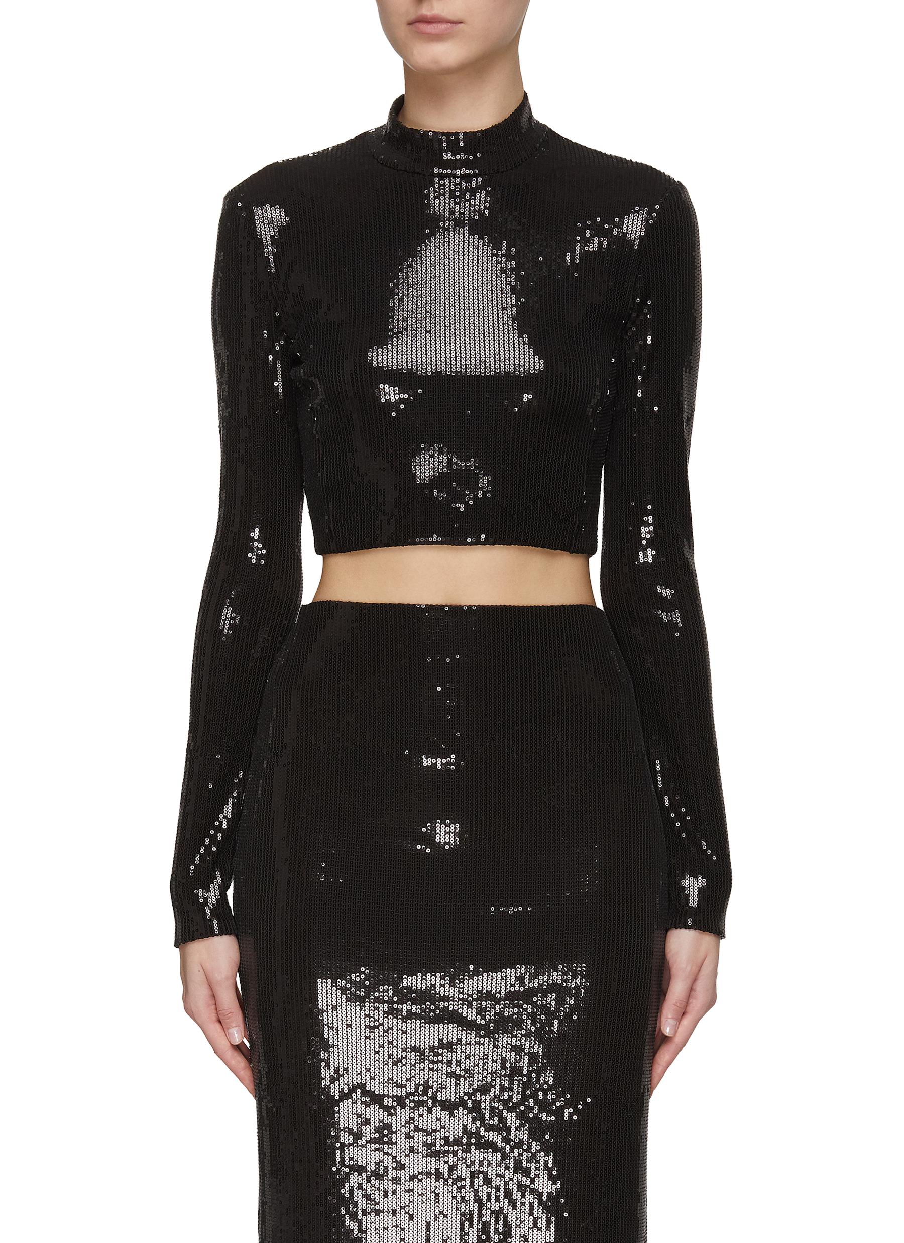 DAVID KOMA SEQUIN EMBELLISHED LONG SLEEVE HIGH NECK CROPPED TOP