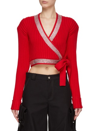 Main View - Click To Enlarge - DAVID KOMA - ‘HOT FIX’ CRYSTAL EMBELLISHMENT KNIT CROPPED WRAP TOP