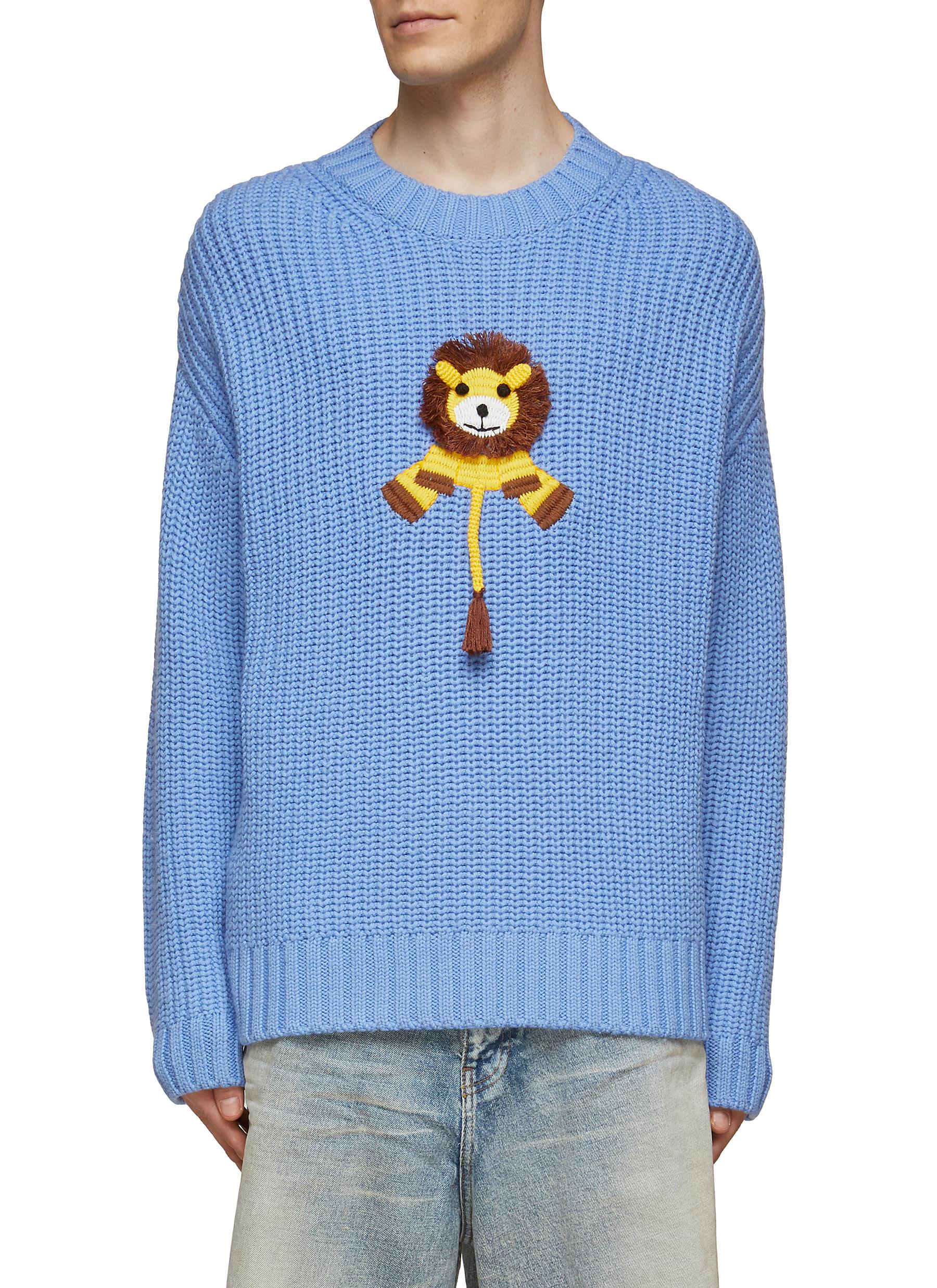 Angel Chen Lion Embroidered Crewneck Wool Knitted Sweater In Blue