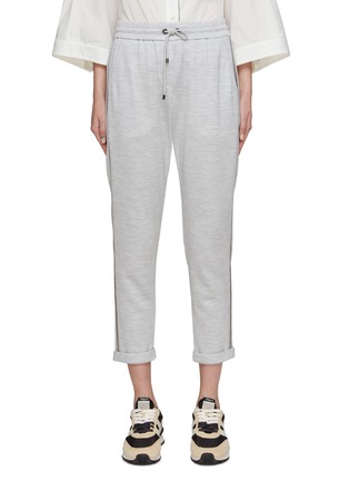 Main View - Click To Enlarge - BRUNELLO CUCINELLI - DRAWSTRING WAIST MONILI DETAIL CROPPED COTTON BLEND JOGGERS