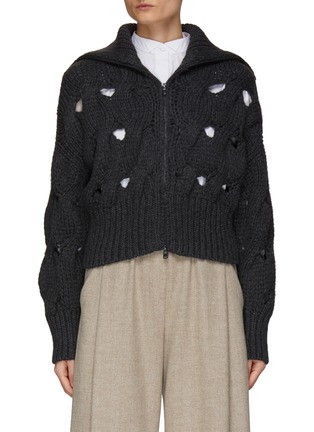 Main View - Click To Enlarge - BRUNELLO CUCINELLI - Sailor Collar Openwork Cable Knit Zip Up Cardigan