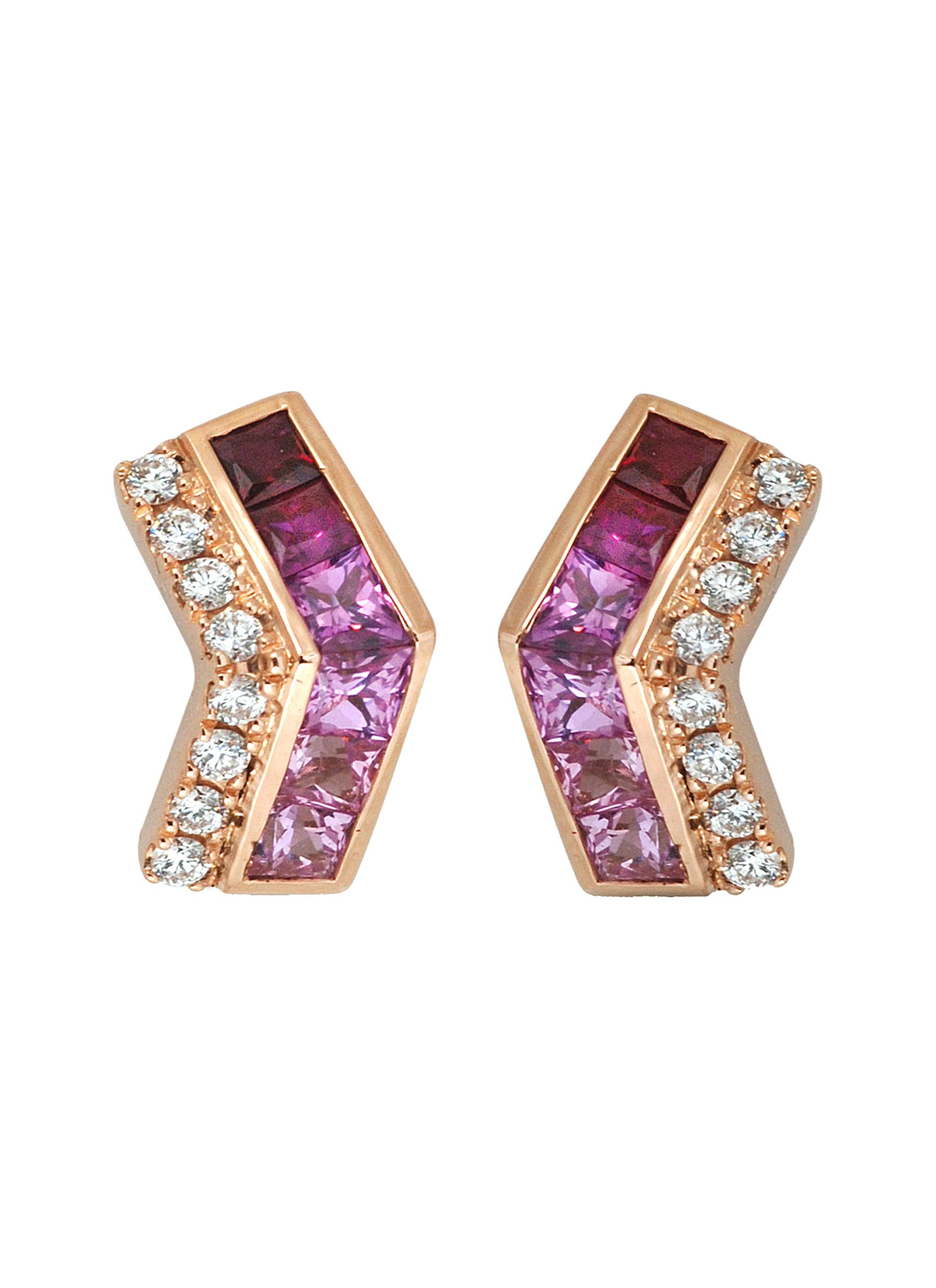 KAVANT & SHARART ‘Origami Ziggy' Diamond Pink Sapphire 18K Rose Gold V-Stud Earrings