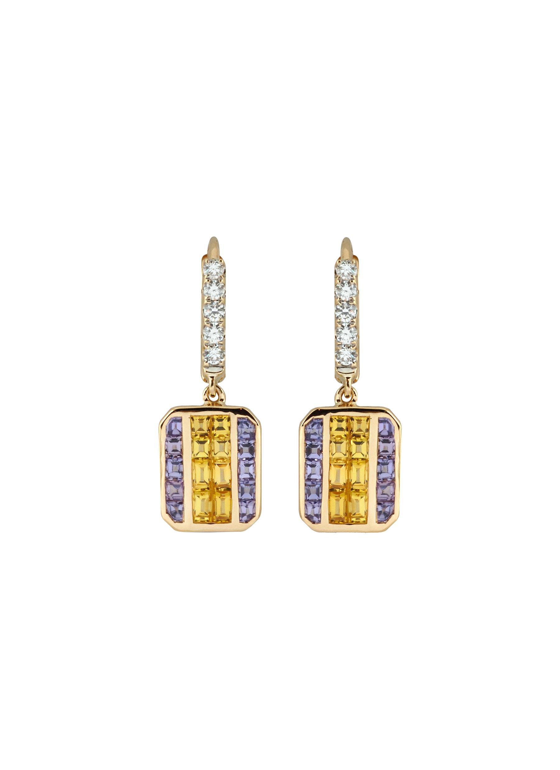 KAVANT & SHARART ‘GeoArt' Diamond Yellow And Purple Sapphire 18K Gold Drop Earrings