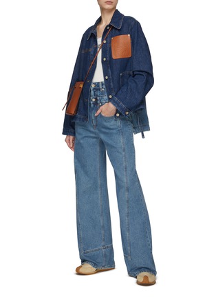 Figure View - Click To Enlarge - LOEWE - LONG SLEEVE TWO-TONE ANAGRAM LEATHER PATCH DENIM WORKWEAR JACKET