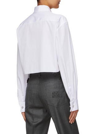 Back View - Click To Enlarge - MIU MIU - Logo Embroidered Crystal Embellished Cotton Poplin Cropped Button Up Shirt