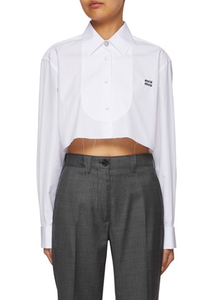 Main View - Click To Enlarge - MIU MIU - Logo Embroidered Crystal Embellished Cotton Poplin Cropped Button Up Shirt