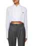Main View - Click To Enlarge - MIU MIU - Logo Embroidered Crystal Embellished Cotton Poplin Cropped Button Up Shirt