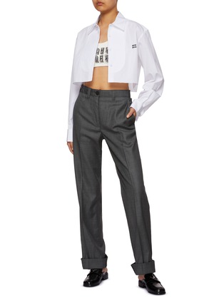 Figure View - Click To Enlarge - MIU MIU - Logo Embroidered Crystal Embellished Cotton Poplin Cropped Button Up Shirt
