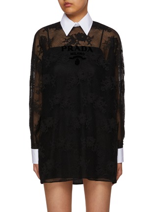 Main View - Click To Enlarge - PRADA - Lace Contrast Point Collar Long Sleeve Mini Dress