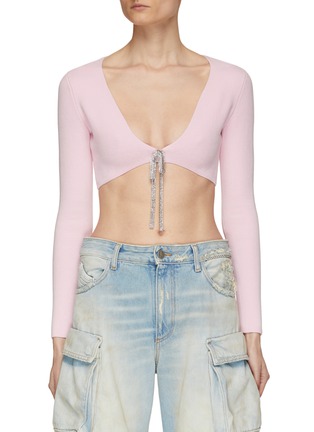 Main View - Click To Enlarge - ALEXANDER WANG - Crystal Embellished Tie Cotton Blend Knit Super Cropped Cardigan