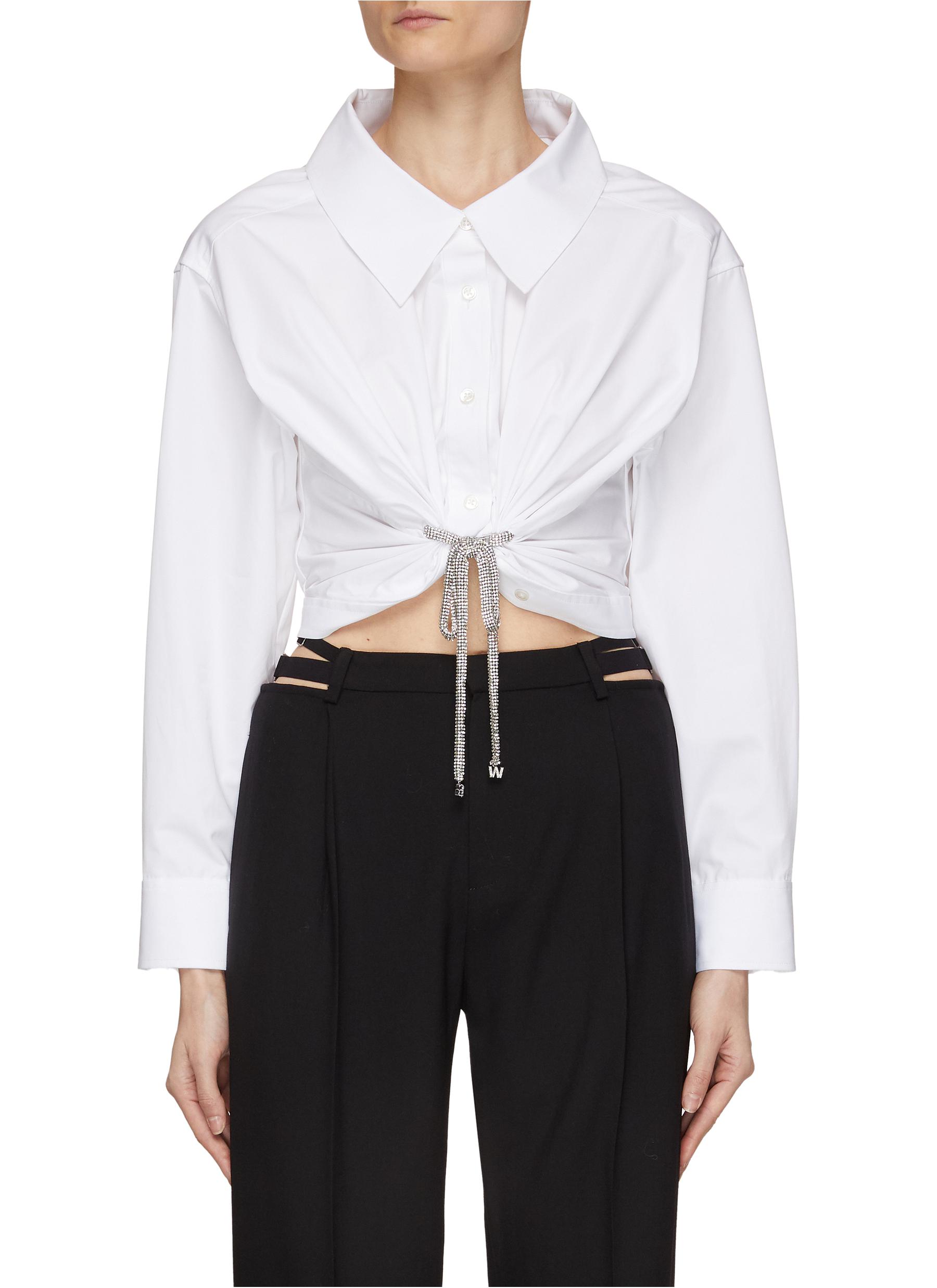 Crystal Embellished Tie Twisted Front Cropped Shirt
