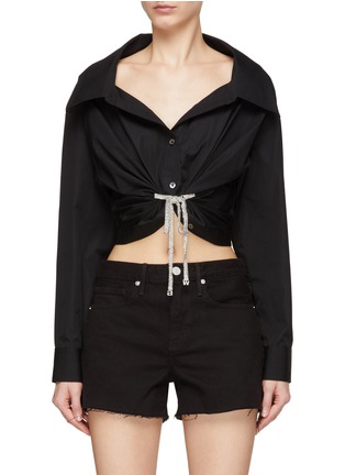 Main View - Click To Enlarge - ALEXANDER WANG - Crystal Embellished Tie Twisted Front Cropped Shirt