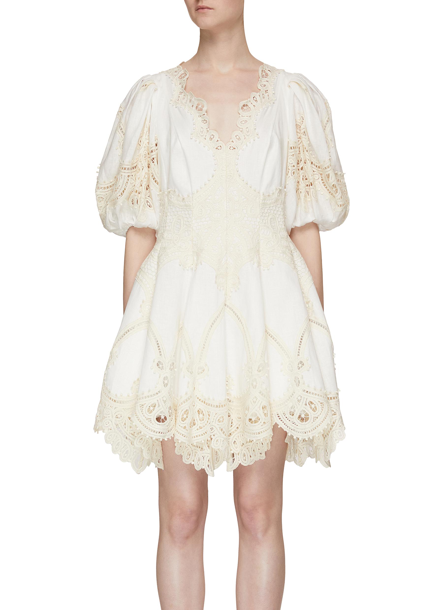 Zimmermann Lace Embellished Puff Sleeve Mini Dress In Neutral | ModeSens