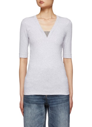 Main View - Click To Enlarge - BRUNELLO CUCINELLI - MONILI EMBELLISHED V-NECK MID SLEEVE T-SHIRT