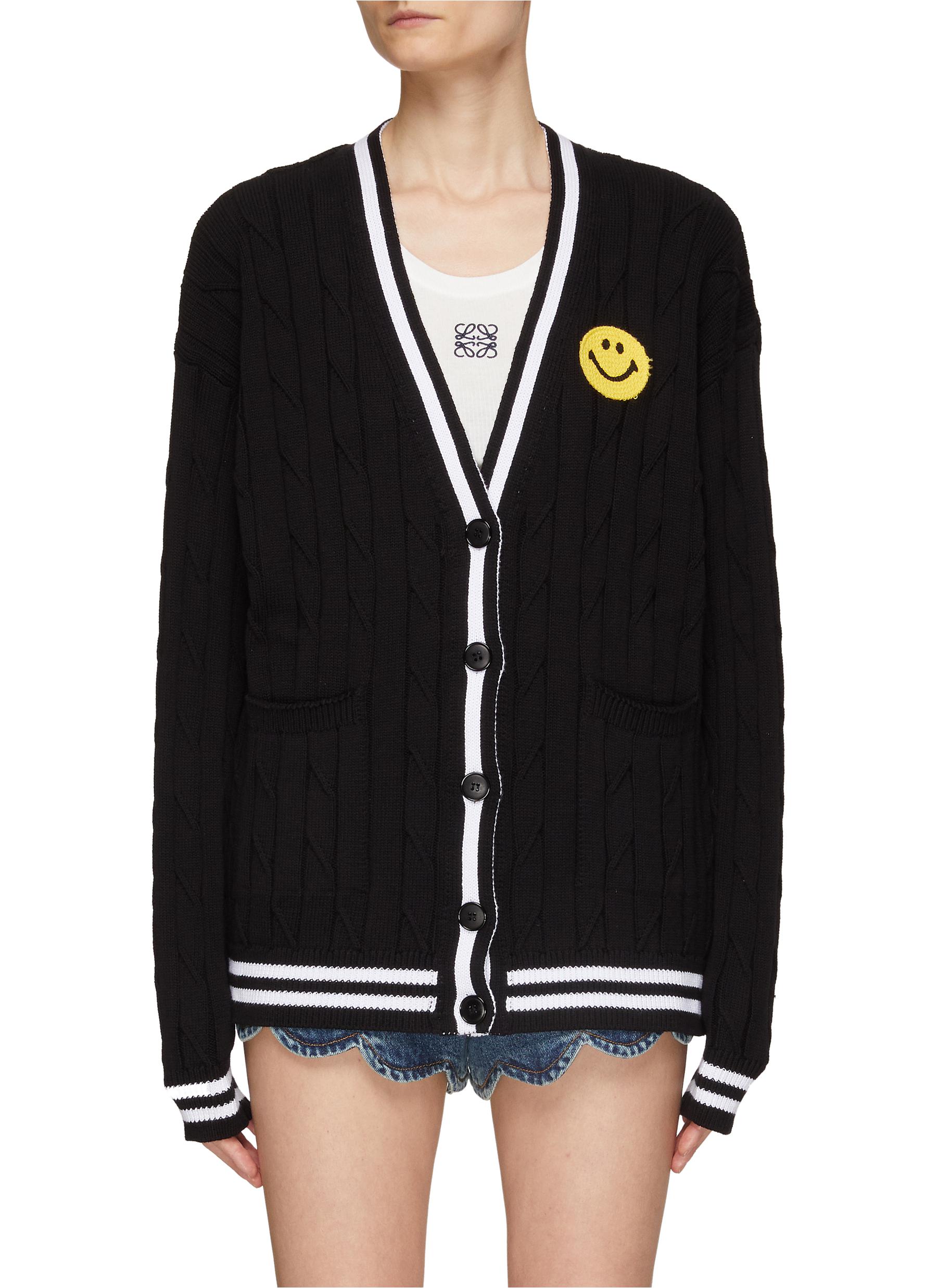 JOSHUA'S Crocheted Smiley Face Striped Trim Cotton Knit Cardigan