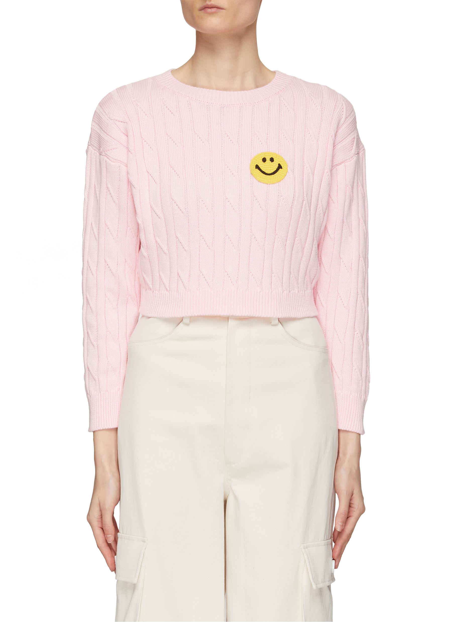 JOSHUA'S Crocheted Smiley Face Cotton Knit Cropped Sweater